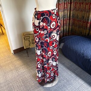 Ankle Length vintage skirt with red, white and blue pattern.